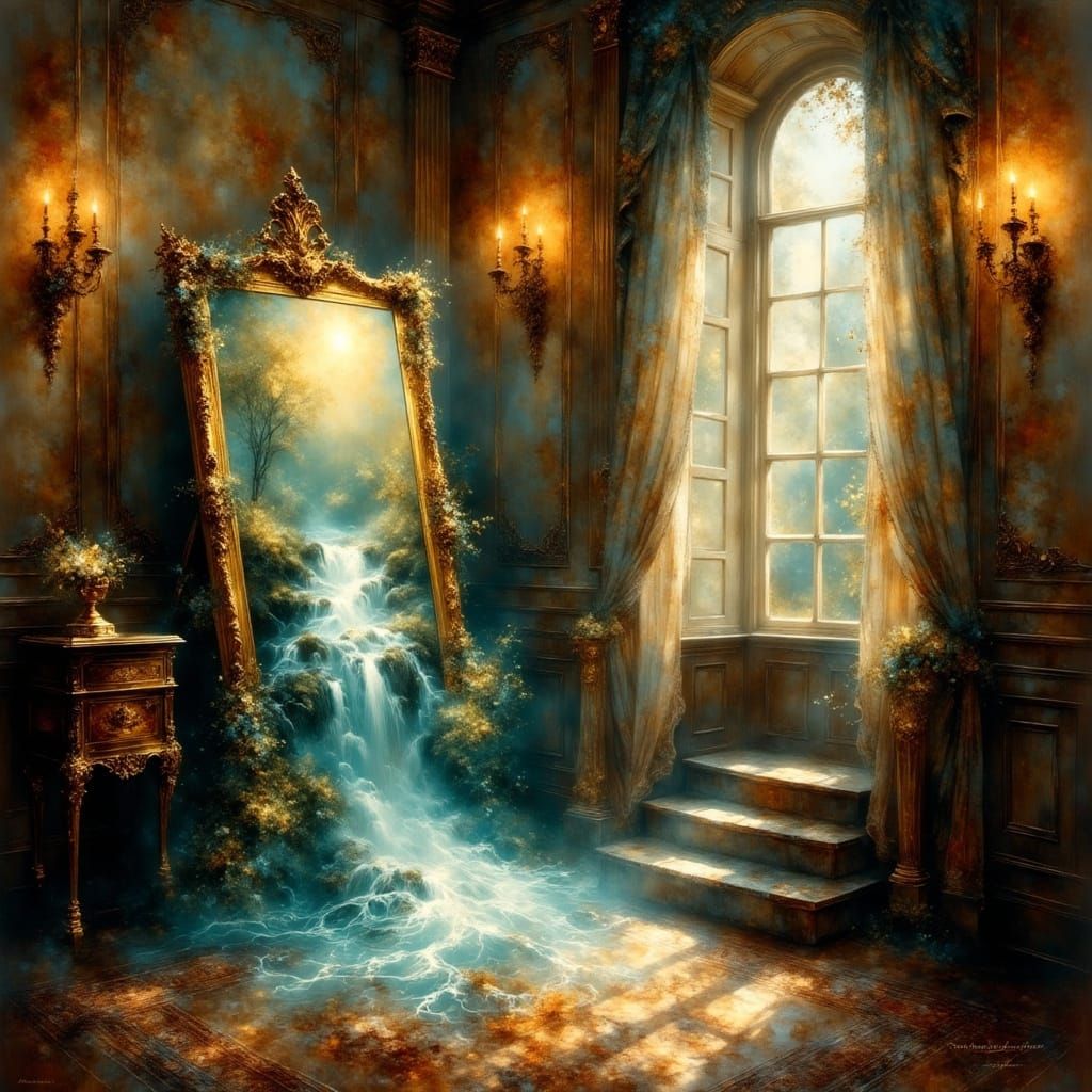 <lora:EtherealVisionsFlux:1.0> A painting on an easel comes to life as the water from the river in the ...  by @Marta