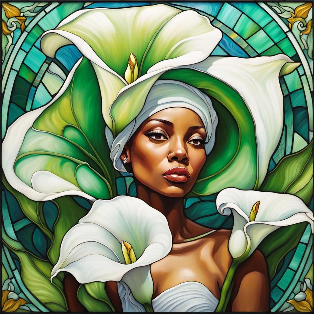 "stained glass whimsical green and white calla lily with Afr...
