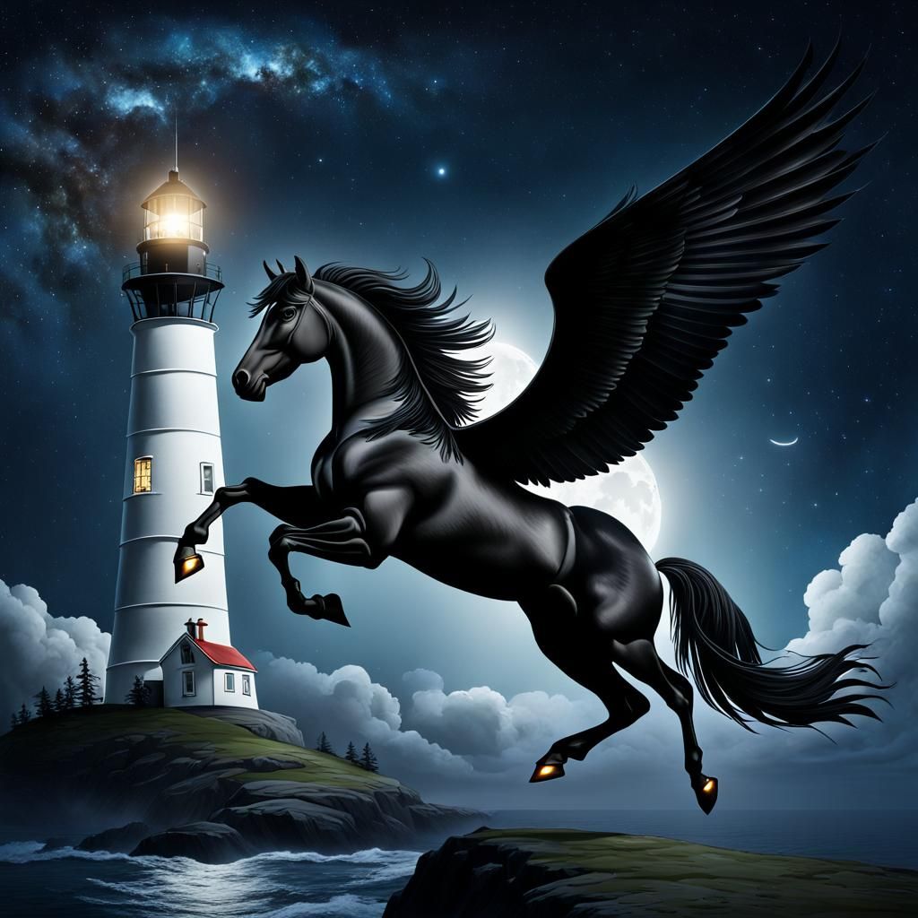 a black pegasus in flight across a night sky, lighthouse in the background