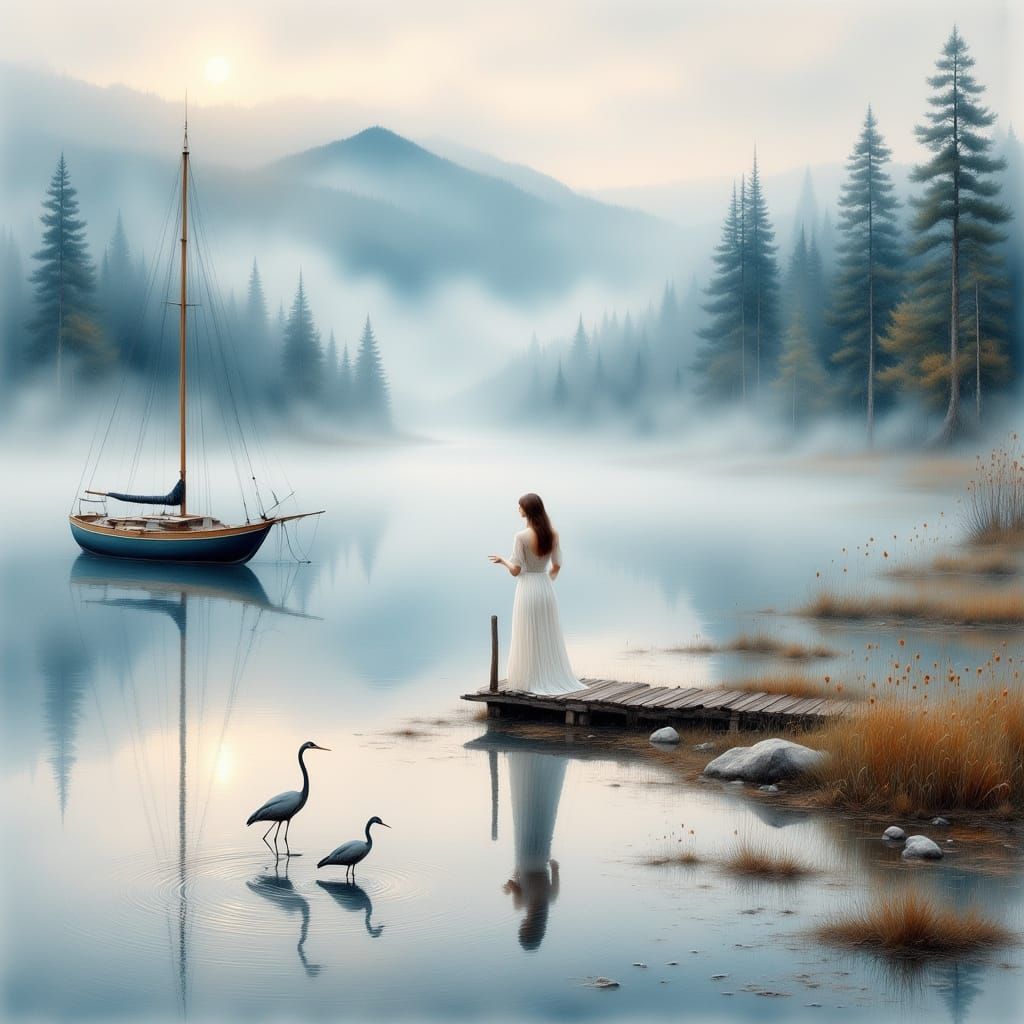 <lora:Flux Oil and Glory:1.0> <lora:Antique Watercolor 2:1.0> Idyllic lake, a small sailboat anchors m jetty, a heron, b...