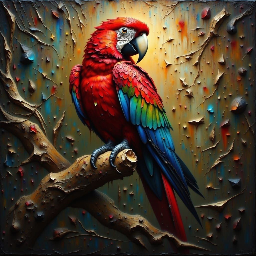 Oil painting, red parrot on a perch, dramatic lighting, chiaroscuro, bright, beautiful, detailed, encaustic, by James Gurney, Pino Daeni <lo...