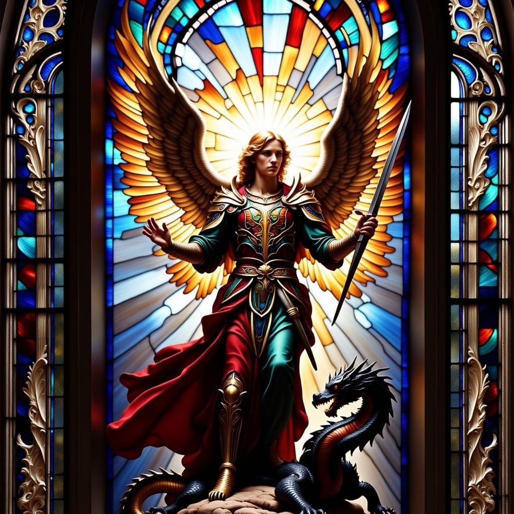Stained Glass Window :: Michael the Warrior Archangel in Stained glass <lora:Stained Glass:1.3> 