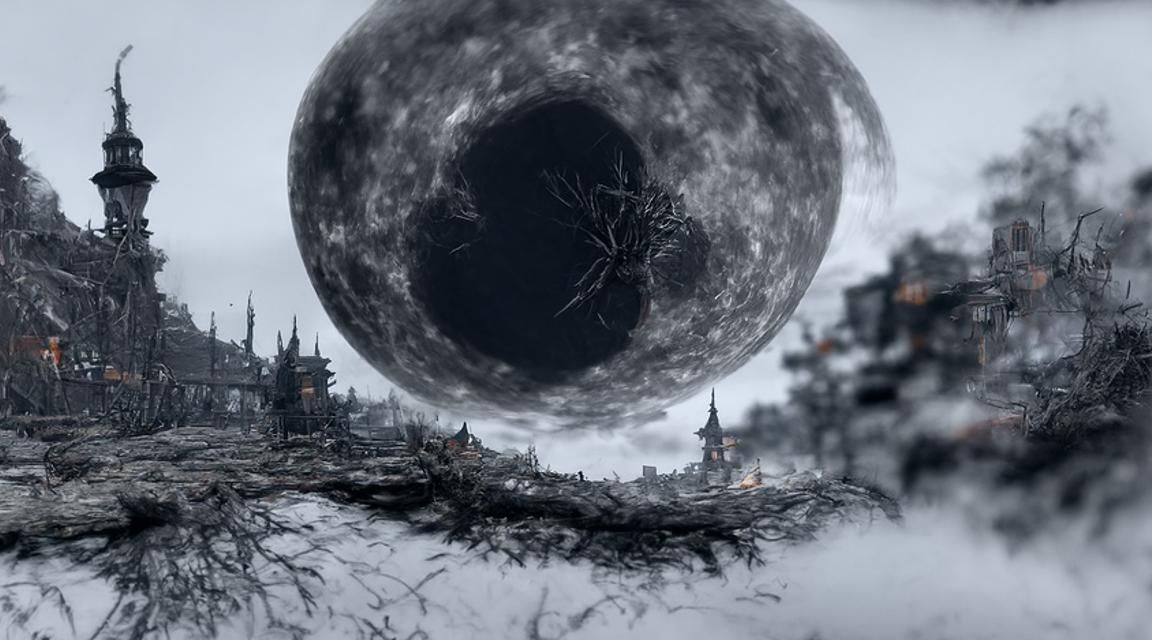 Bloodborne Yharnam under a spiraling moon