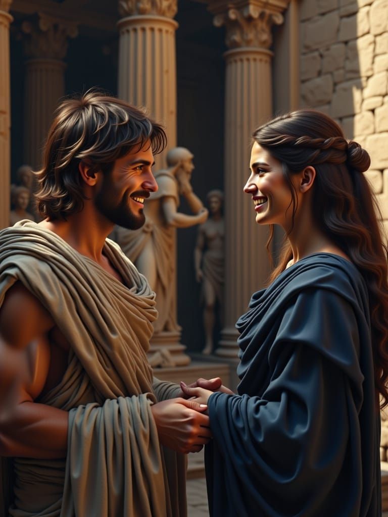 1 gorgeous ancient roman maid woman in her 20 <lora:Ancient Beauty2:1.0> with long dark brown hair  smileing and talking to one 50-year-old ...