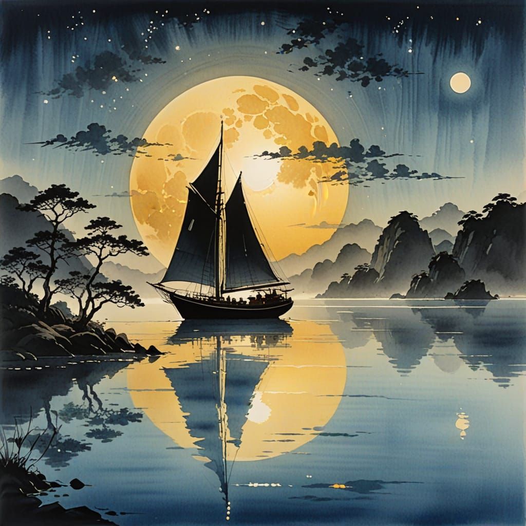 Boat in moonlight  by @Himoai