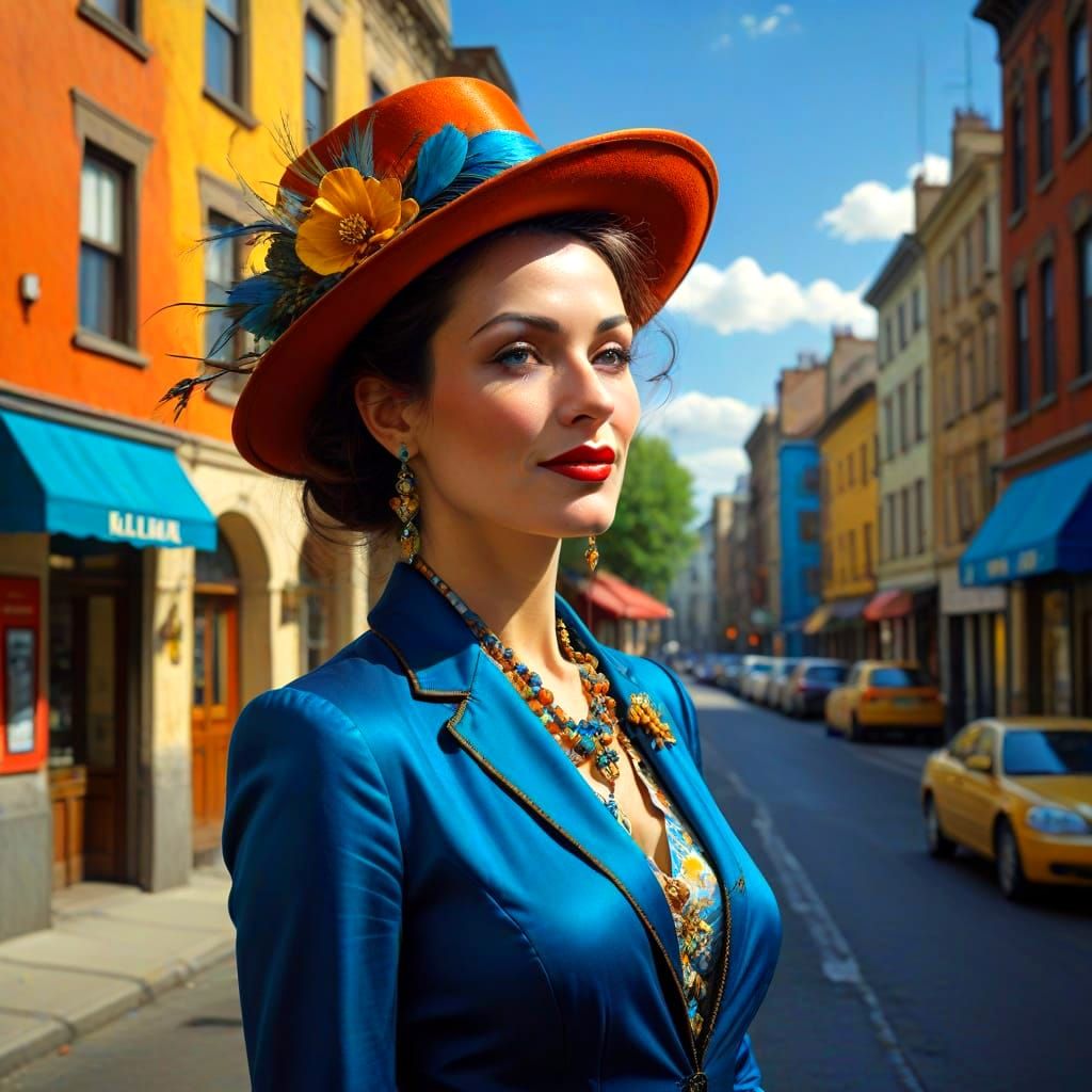 Sophisticated Lady in a Vibrant Surrealist Cityscape