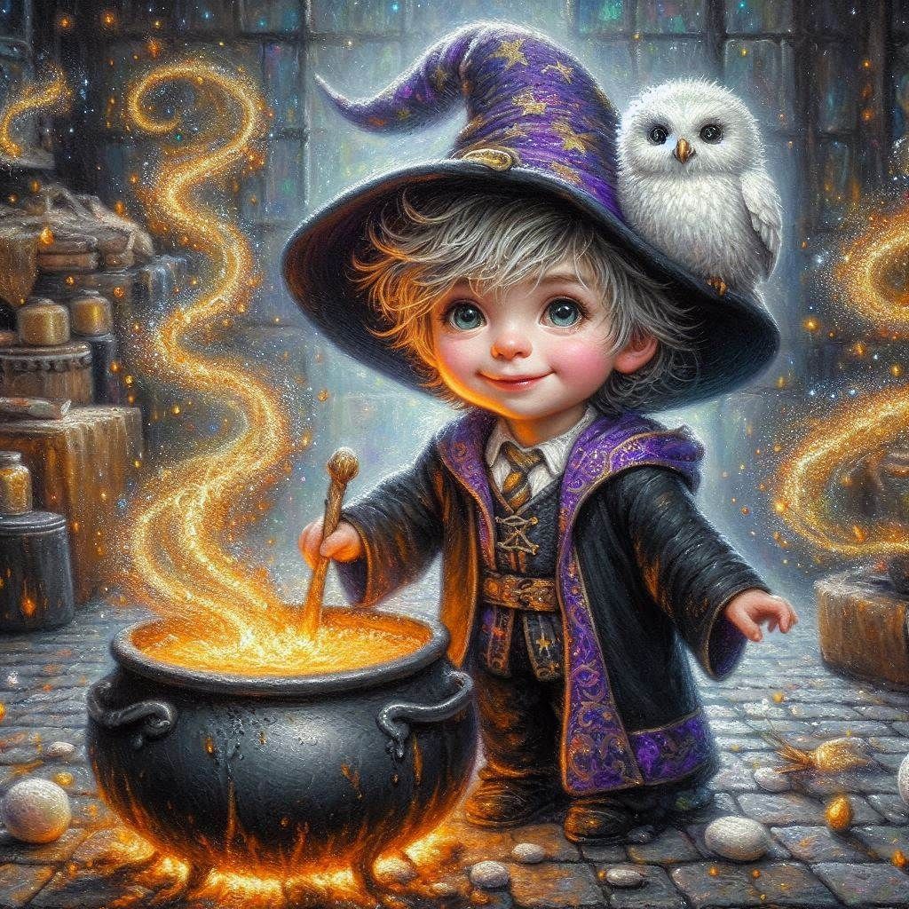 Young Wizard  mixing a potion with his Owl