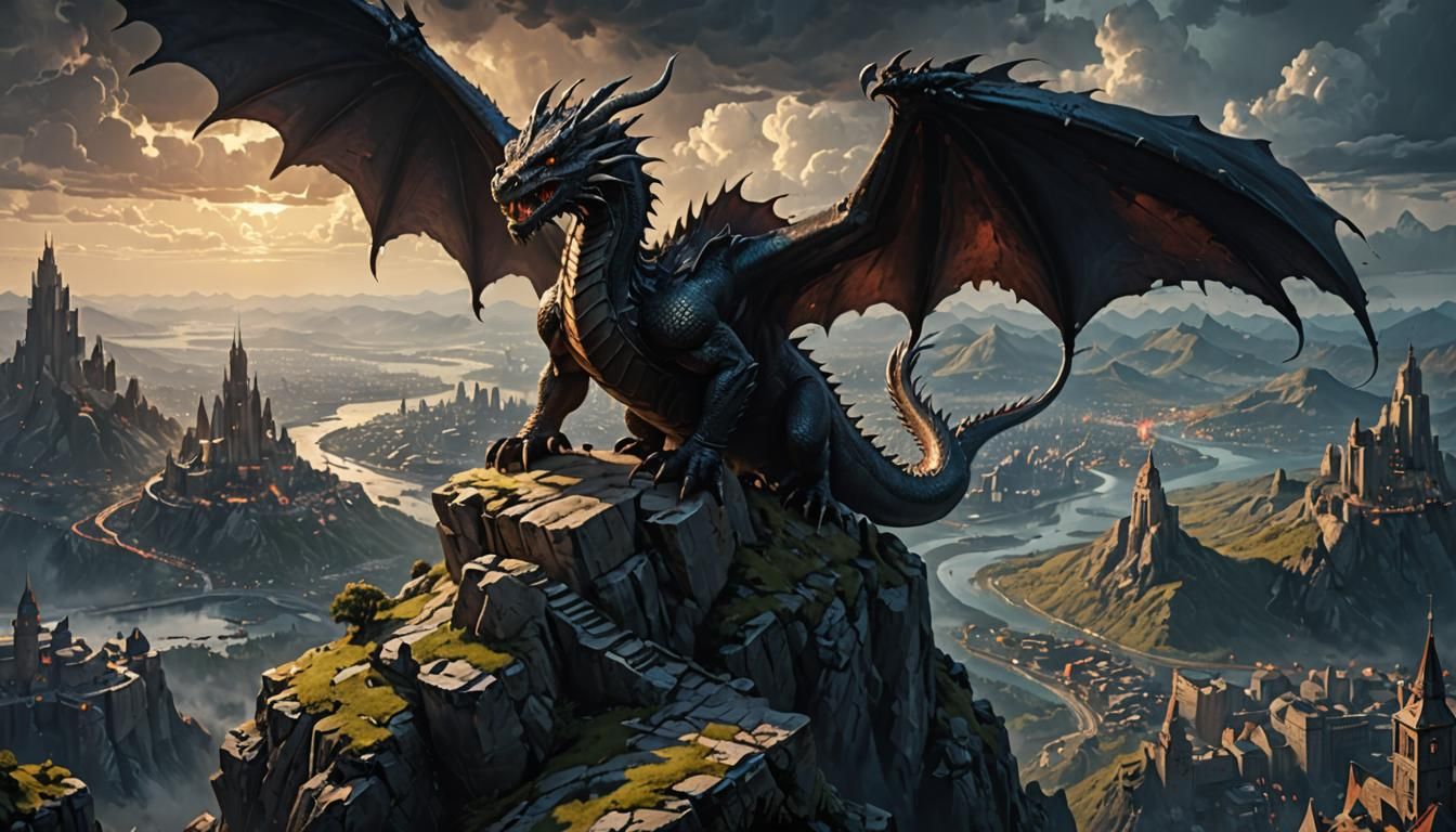 dragon on a mountain looking down at a city it's about to attack. a masterpiece, 8k resolution, dark fantasy concept art, by Greg Rutkowski...