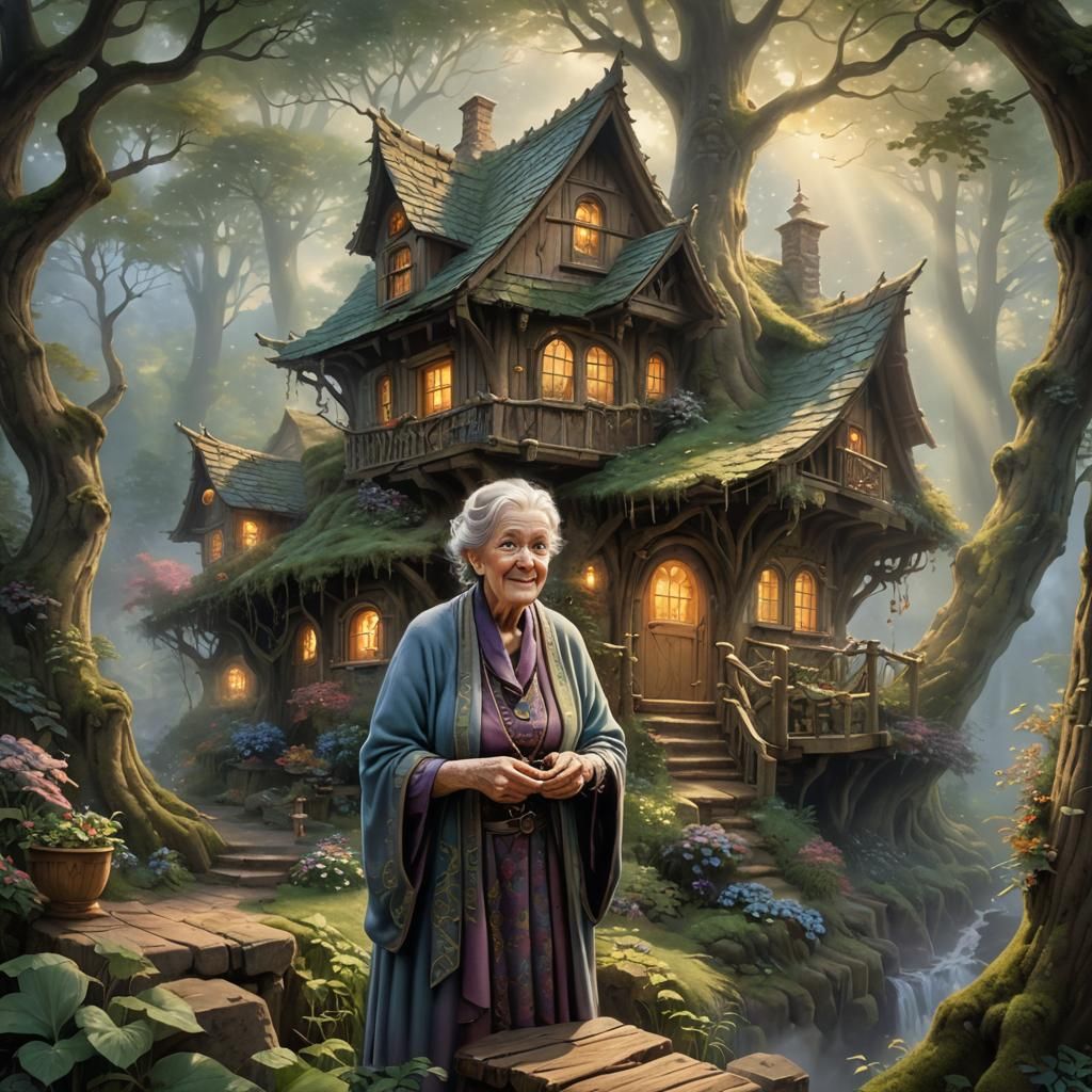 A wise old woman with a smiling face and wrinkles, living in...