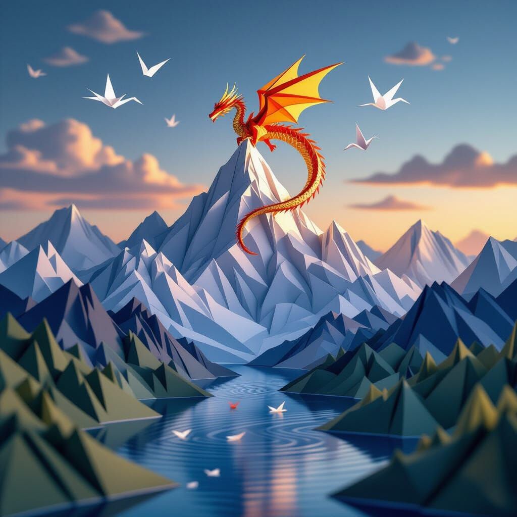 Mystical Origami Mountain Landscape with Dragon