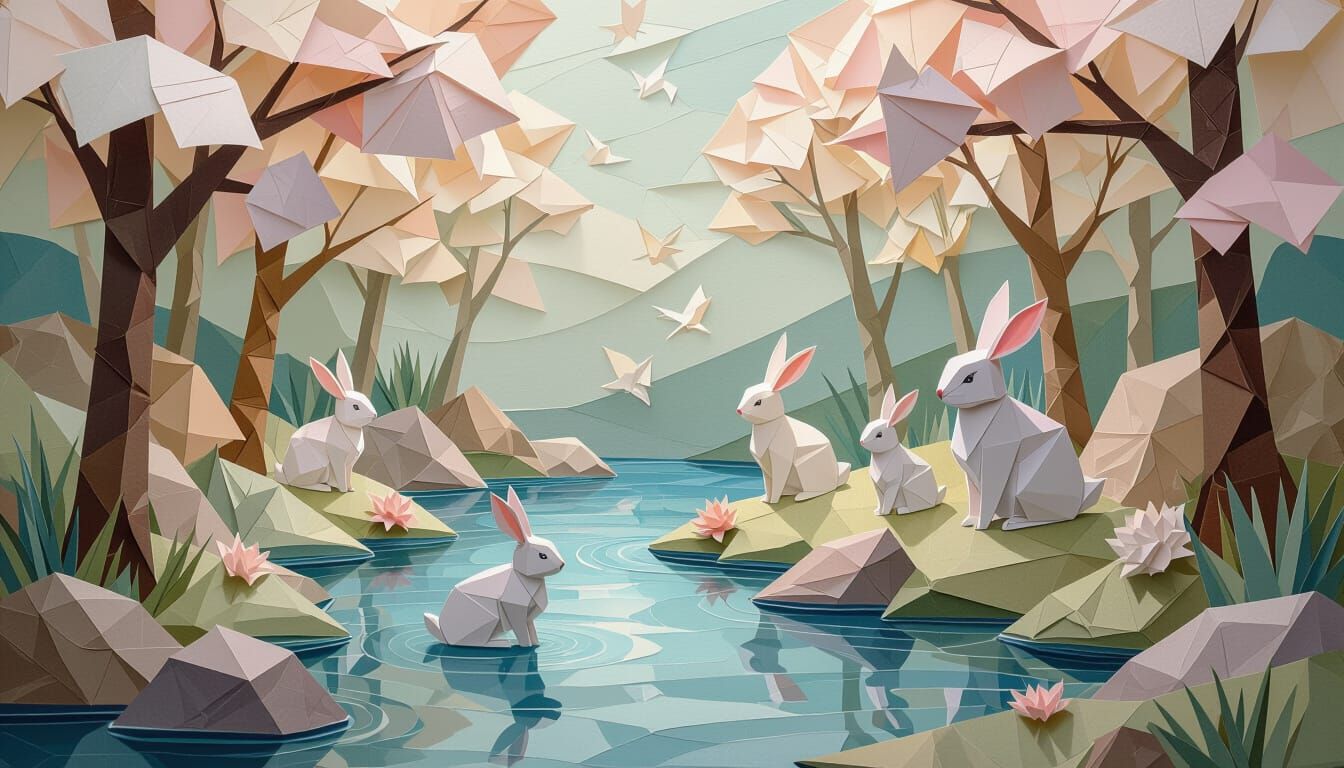 Move the rabbits and landscapes in image 1, into the background landscape of image 2 with the cottage, eagles and eggs. - Start Image 1