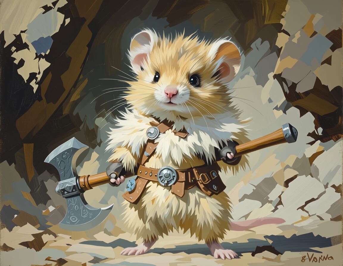 a small fluffy pika mouse standing on hind legs, dressed as a barbarian from Dungeons and Dragons, wearing light leather armour, letting her...