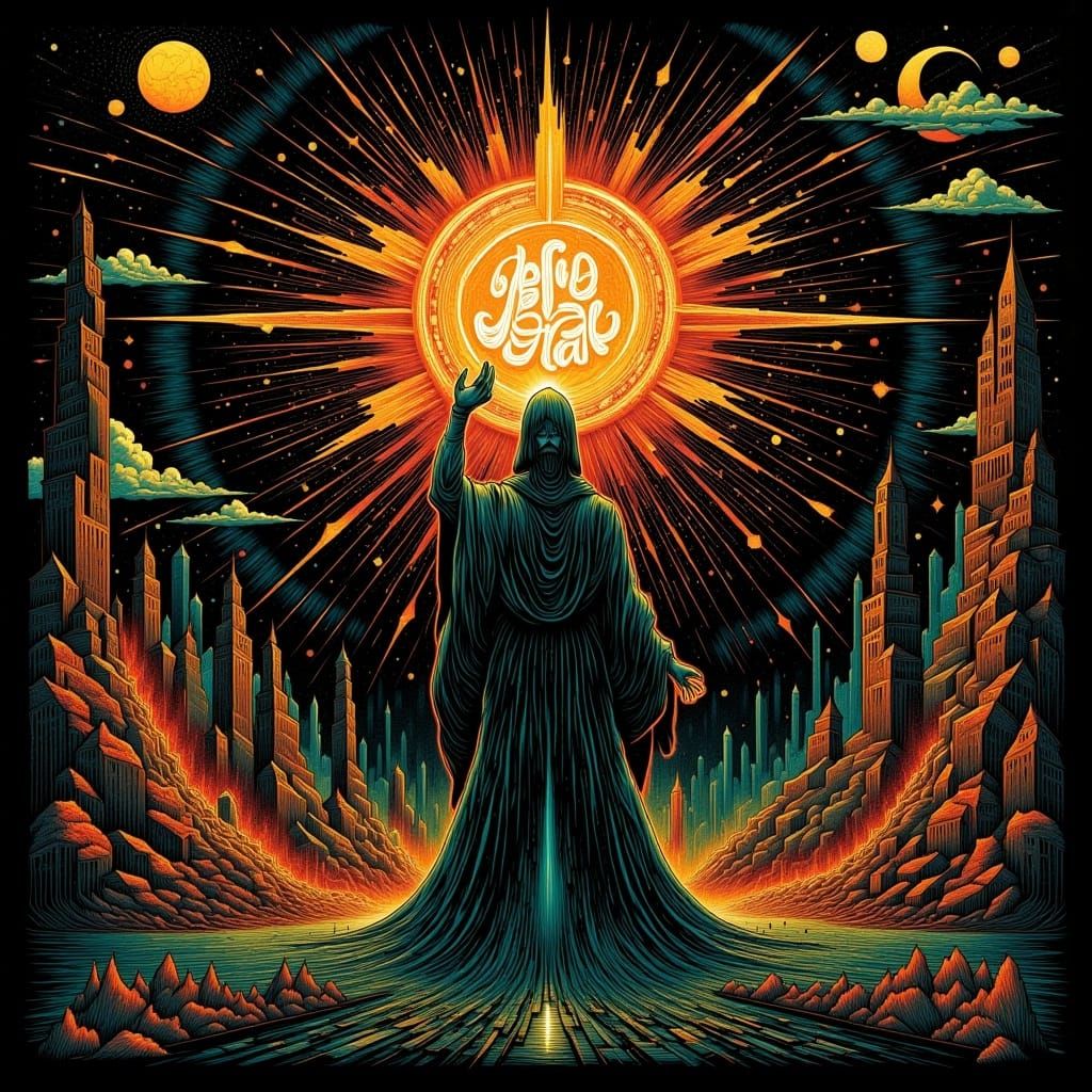 <lora:Deco-Detail:1.0> woodcut style print, inside the ball of fire are the words "Deco-Detail", deco detail wizard holding a ball of fire,...