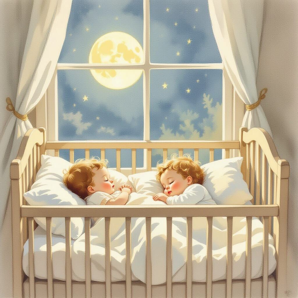 Two Babies Sleeping Peacefully in a Moonlit Crib