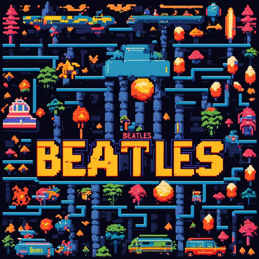 Retro 80's arcade game sign that reads, "Beatles" in pixel a...