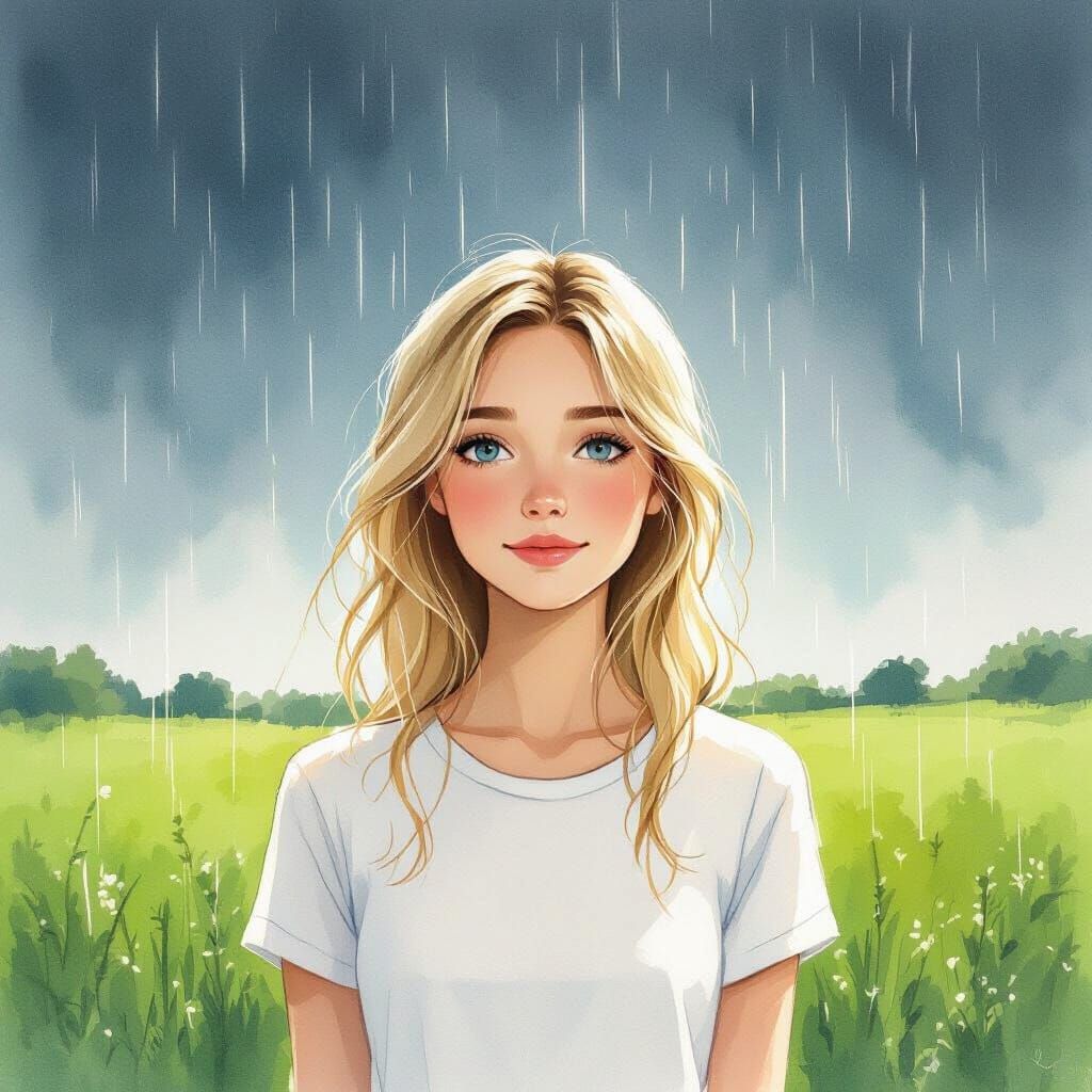 Woman in Rain Shower, Watercolor Style