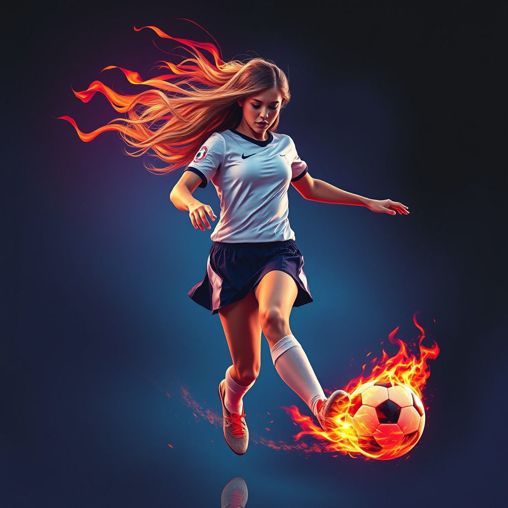 Young woman with long hair dribbling with a soccer ball made of fire
