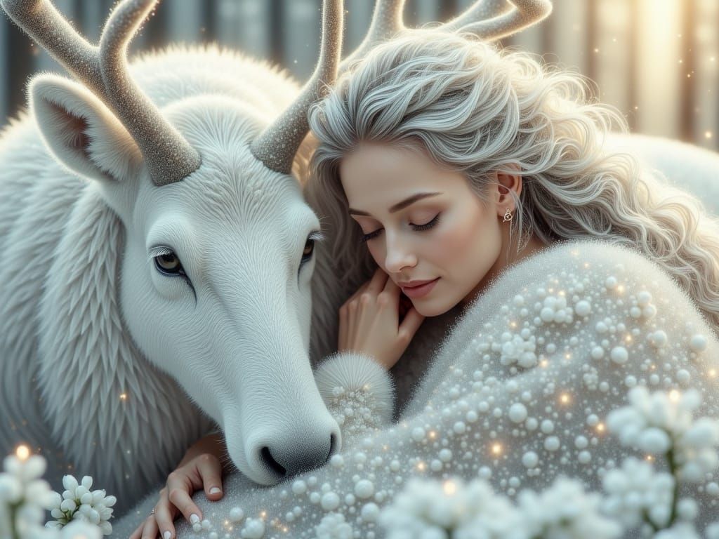 <lora:Magical Stars Flux:1.0> A regal woman with flowing, curly silver hair adorned in an intricately embroidered, luxurious white fur shawl...
