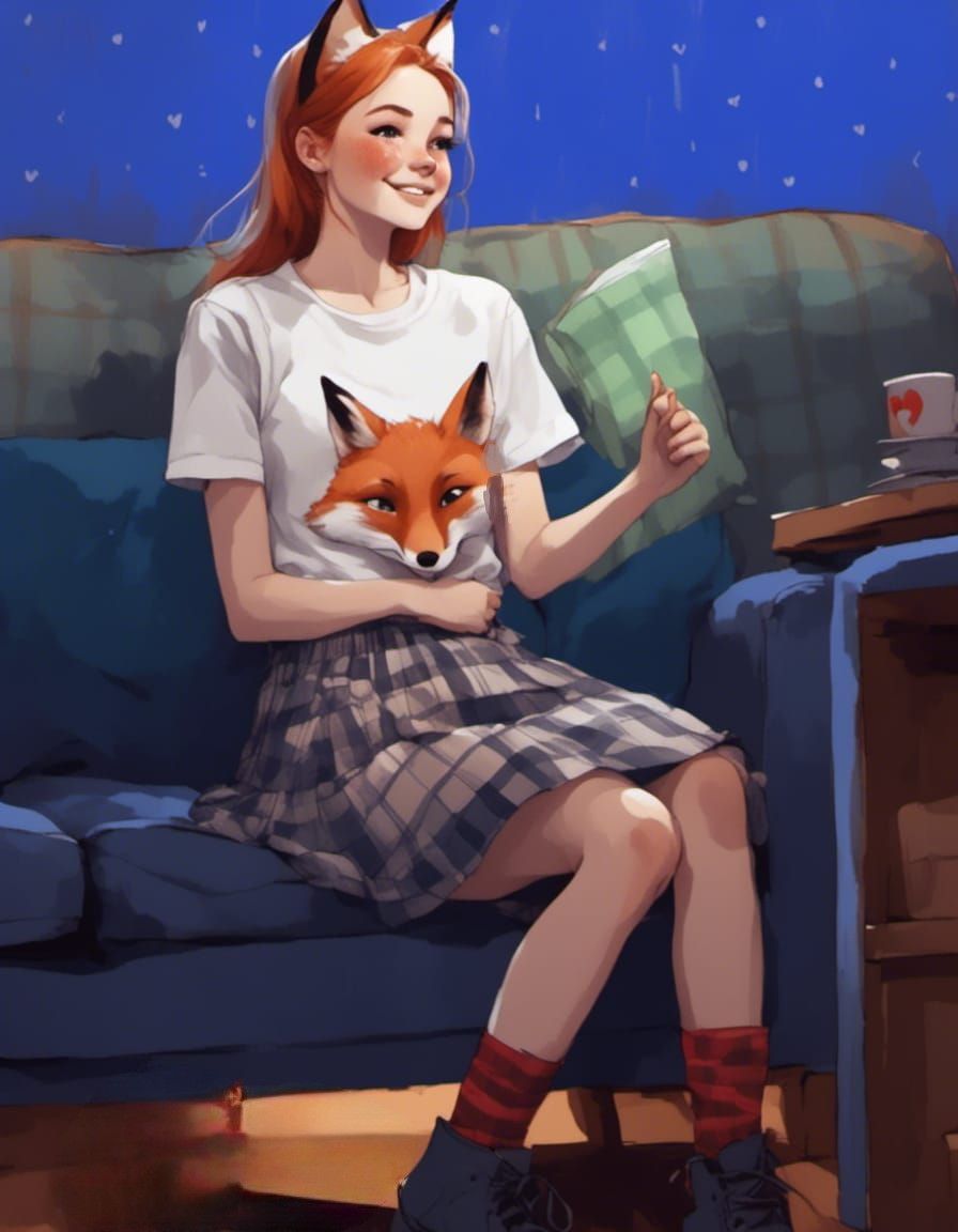 Fox-girl VIXEN sitting on sofa talking.
