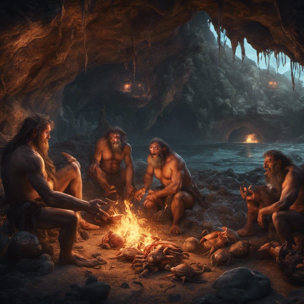 Neanderthals in a cave roasting crabs over the fire by the s...