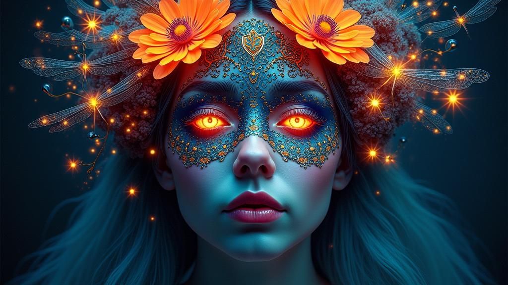 A captivating surrealist painting depicting a female face with a mesmerizing, mask-like face adorned with intricate patterns and glowing ele...