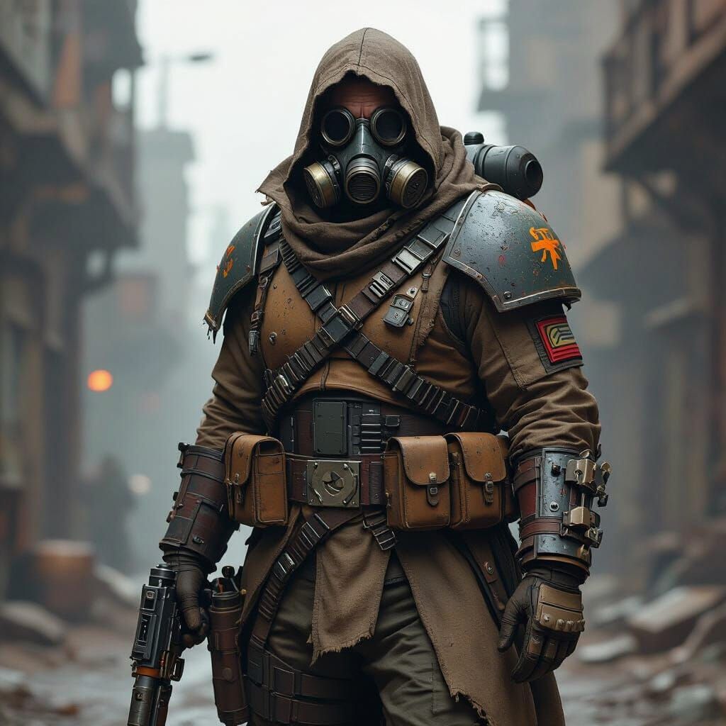 A grimy, weathered portrait of a 40k krieg trader with gas mask on hip without cape on head, with blaster on belt inspired by the Warhammer ...