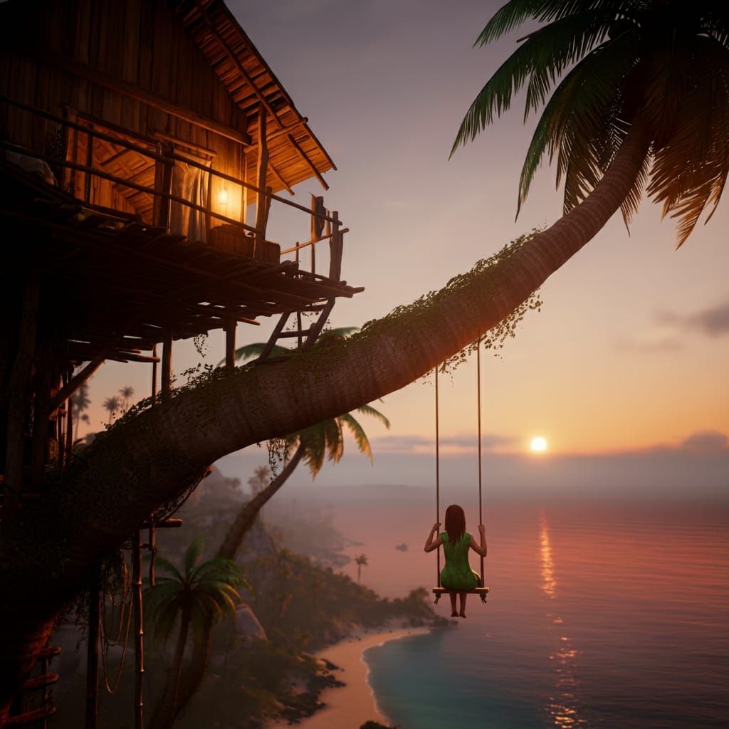 Palm tree house beach swing