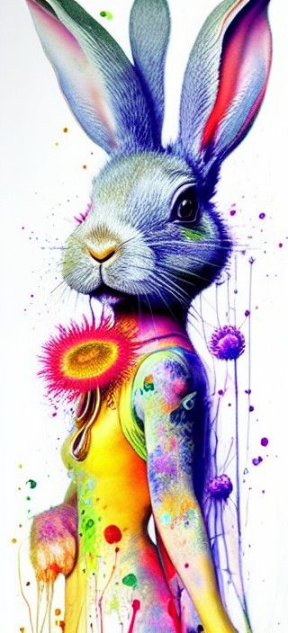 Anti Art Maximalist  art Bright Vivid,Rabbit  dressed in hip...
