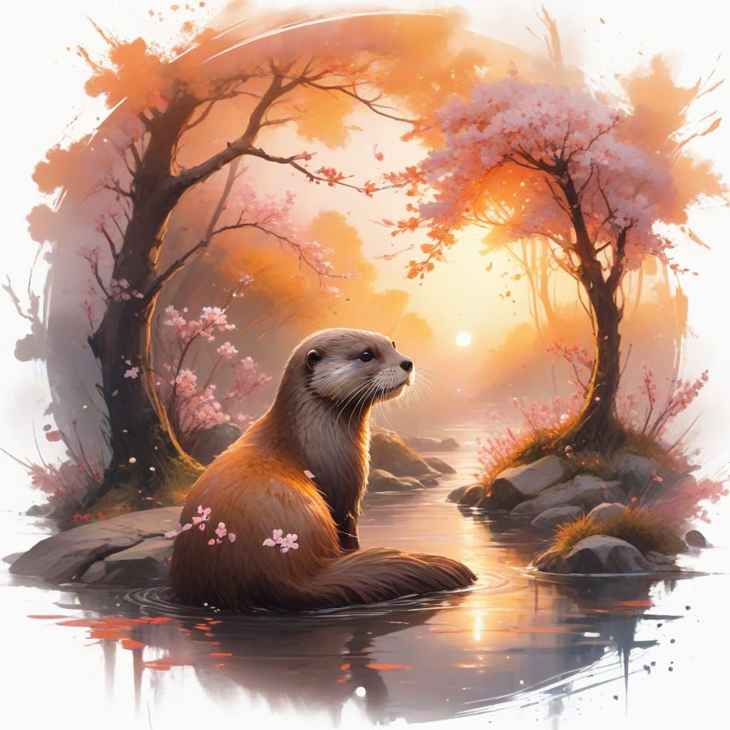 Playful otter in a misty waterfall grotto: The otter rests among mist, droplets clinging to its whiskers like diamonds.