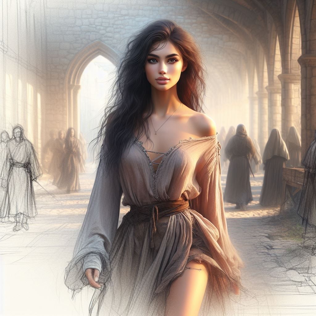 A Beautiful Woman in a Old Castle, Pencil Sketch