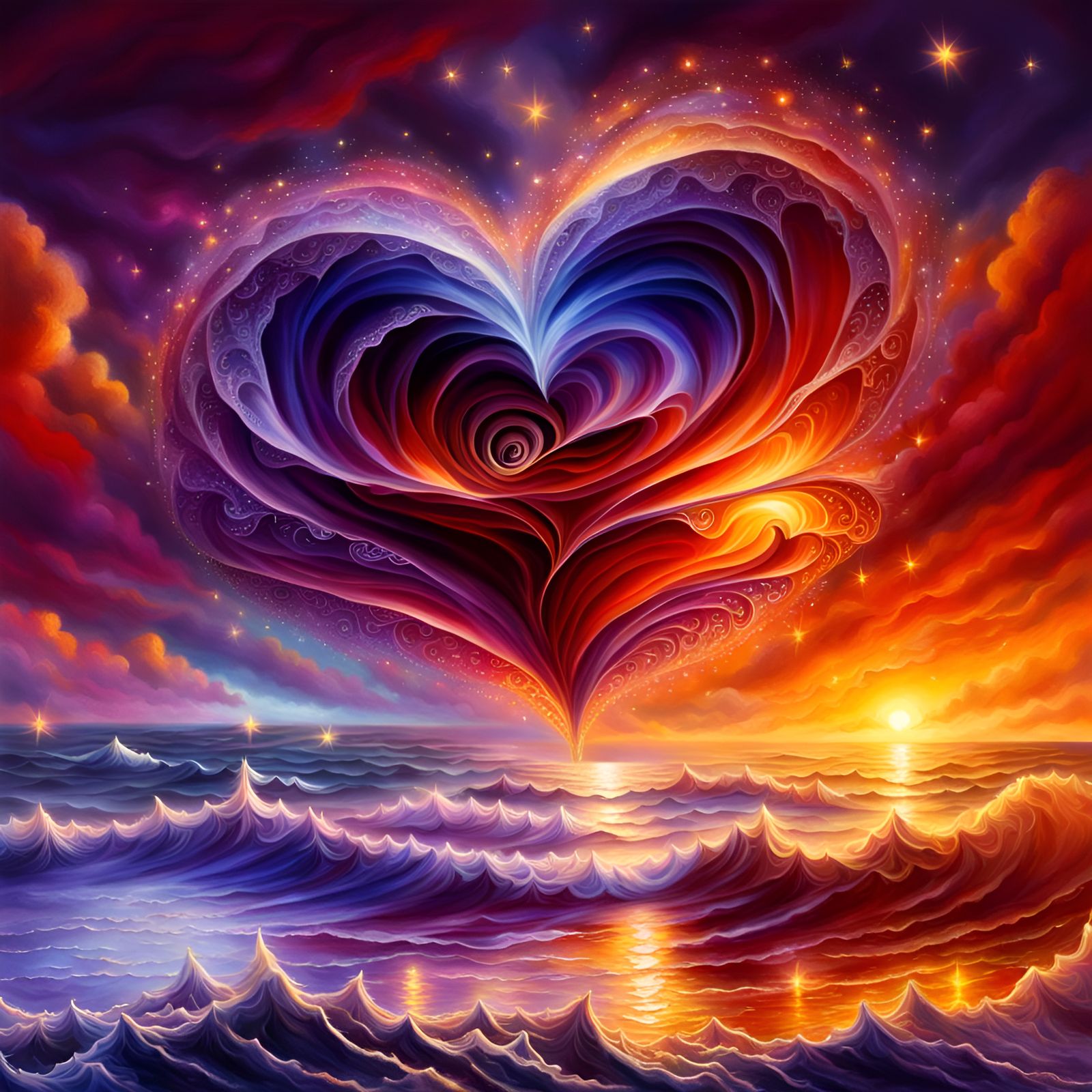 A glittering red rose heart, a swirling sky, a swirling sea,...