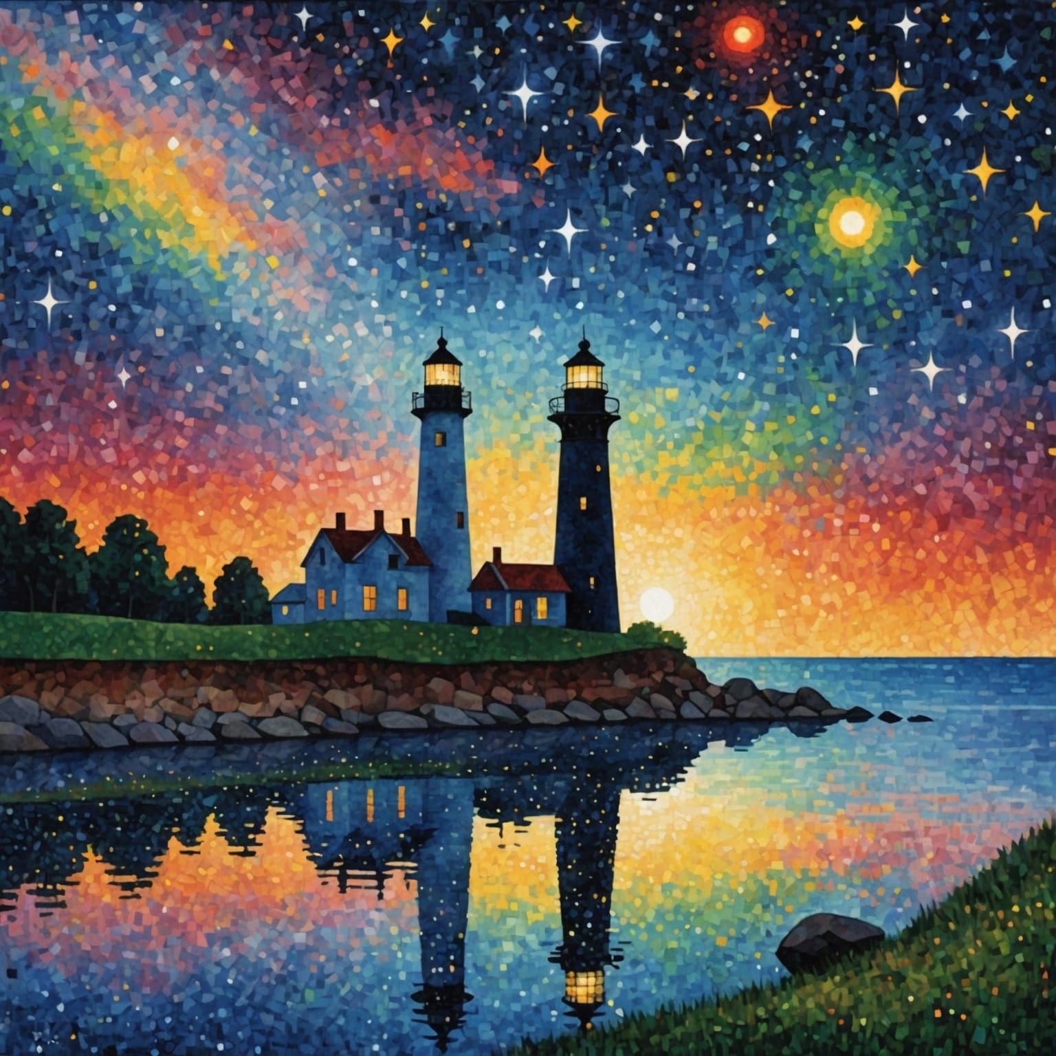 A double lighthouse at night, pointillism
  by @axelb