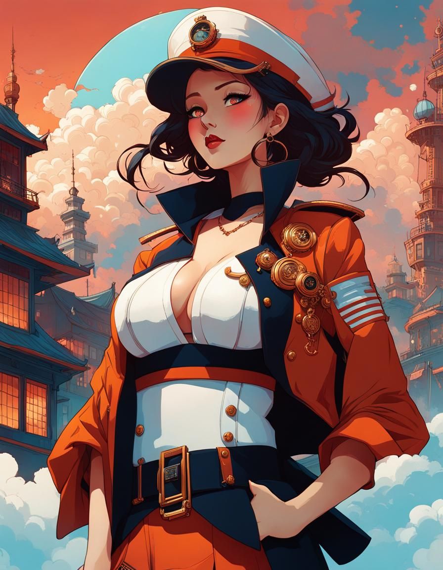 Clouds, warm colors, Old fashioned city,anime girl in sailor...