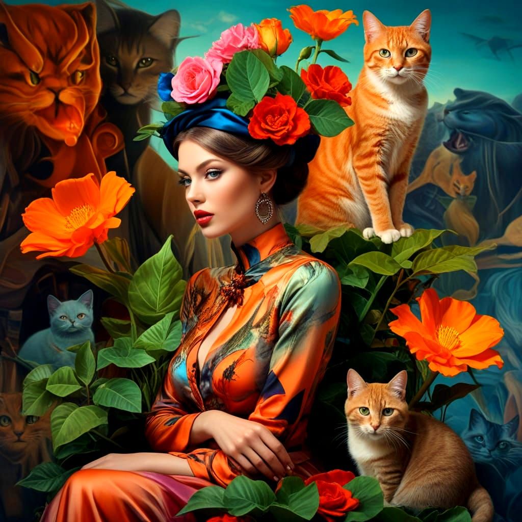 Surrealistic Lady Surrounded by Cats in Vibrant Colors
