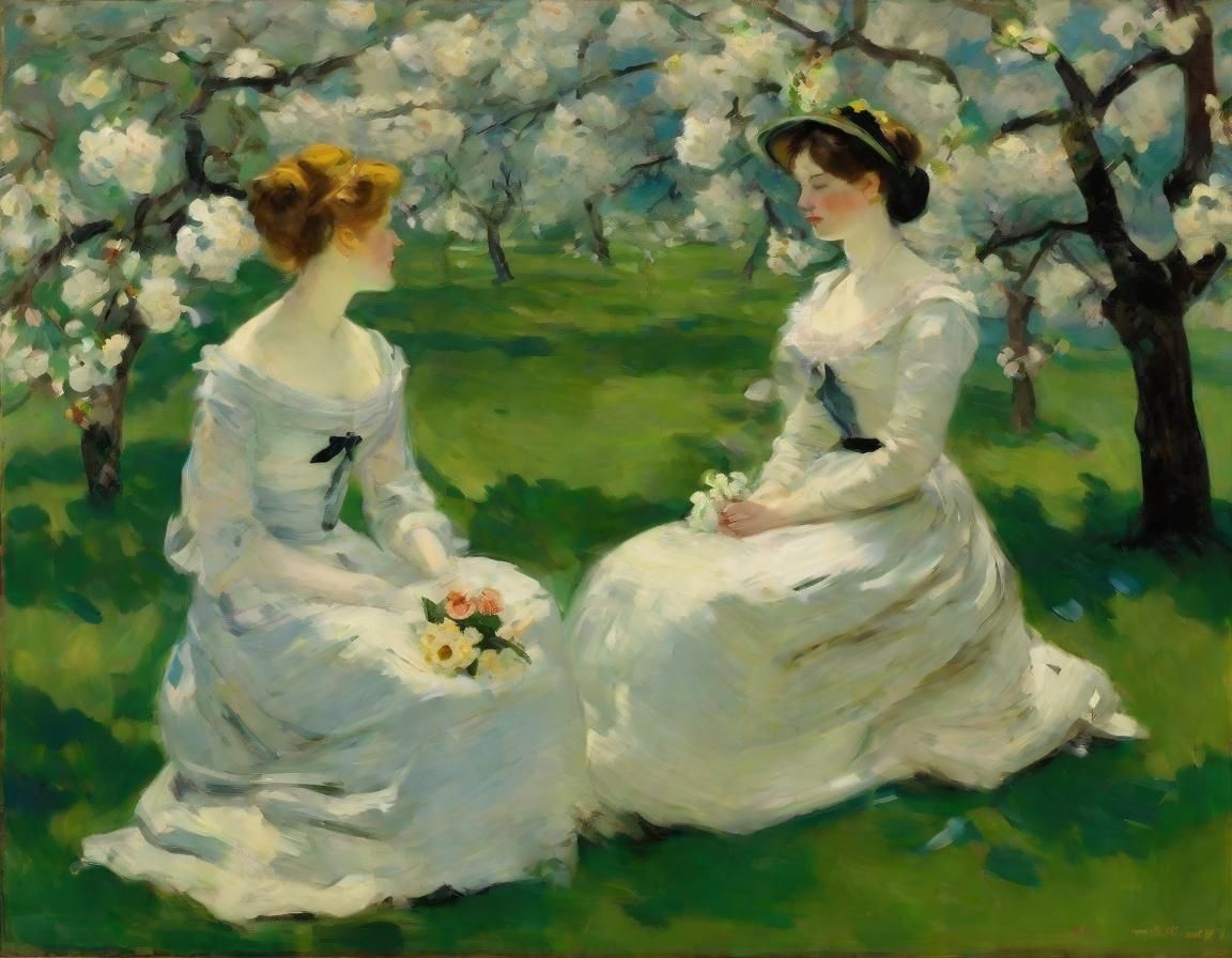 Art by Édouard Manet, in a cherry orchard in full bloom, a l...