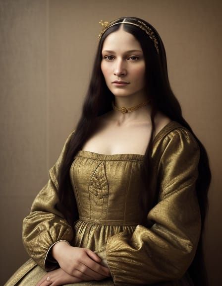 Uma mulher deslumbrante inspirada na Mona Lisa, com o mesmo olhar enigmático e sorriso sutil, mas reinterpretada de forma moderna e lendária...