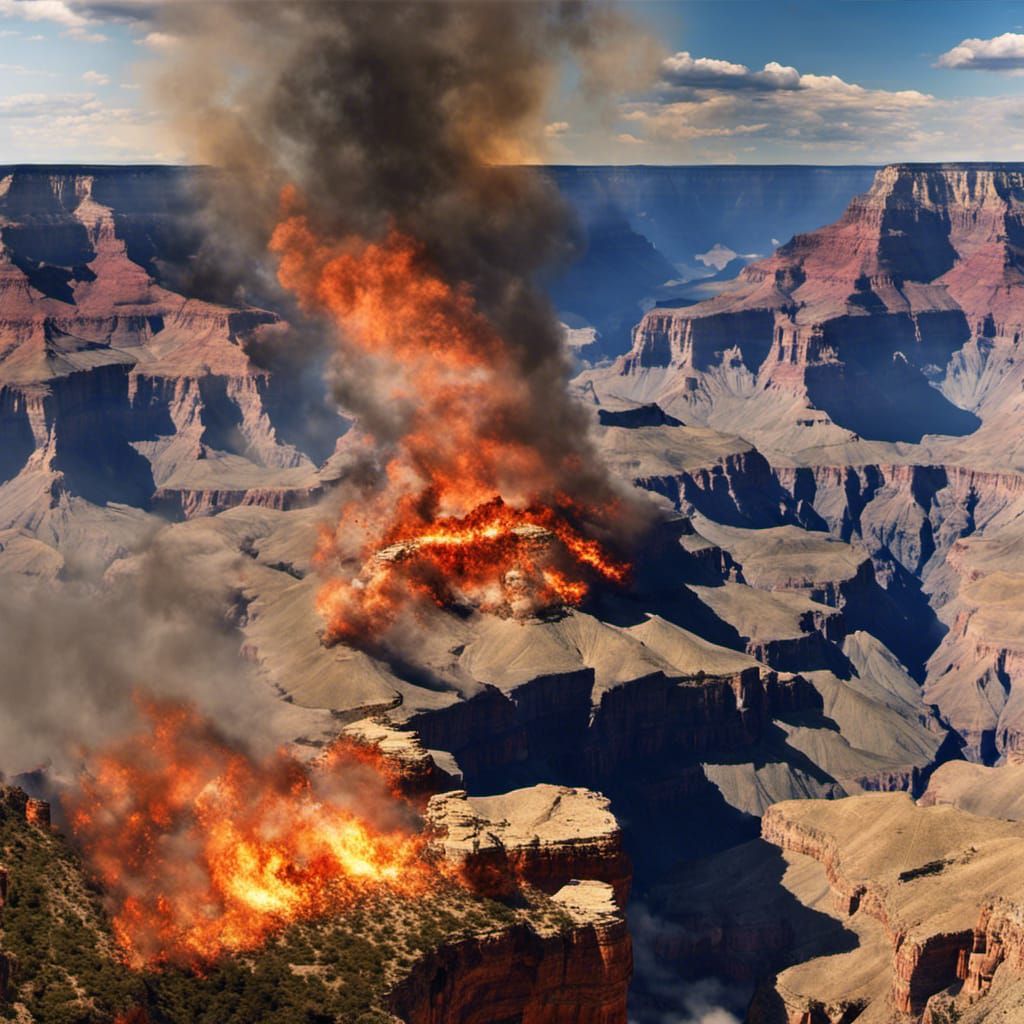 Photo realistic grand canyon on fire 1000 meter view 