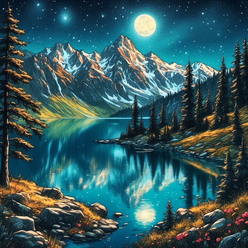 <lora:Pencils and crayons:1.0> (Pencils and colourful crayon) beautiful mountain lake under a midnight blue starry sky. 