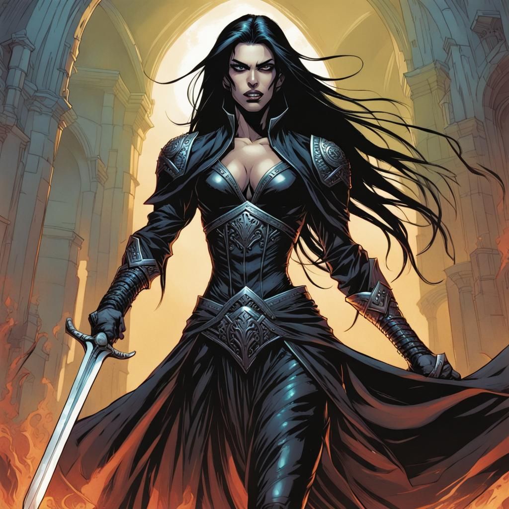 Woman, dark elf, warrior, armed with sword, dressed in black, long ...