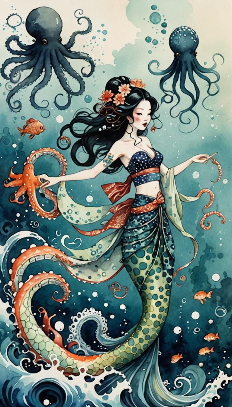Geisha mermaid meets octopus in the ocean, swimming . The ge...