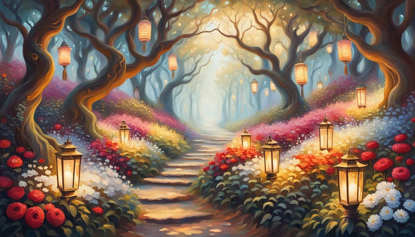 A magical forest path illuminated by intricate, vintage lanterns that emit a warm, colorful glow. The path is surrounded by vibrant, oversiz...