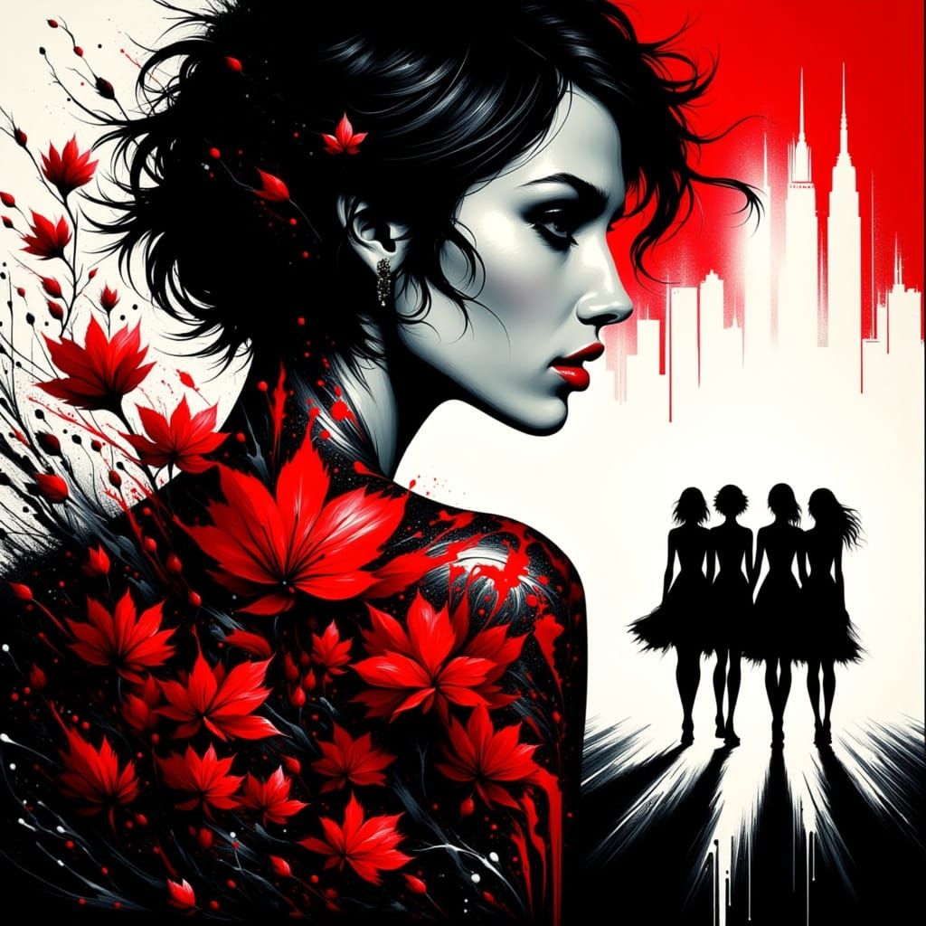 Woman Silhouette with Red Tattoo and NYC Outline