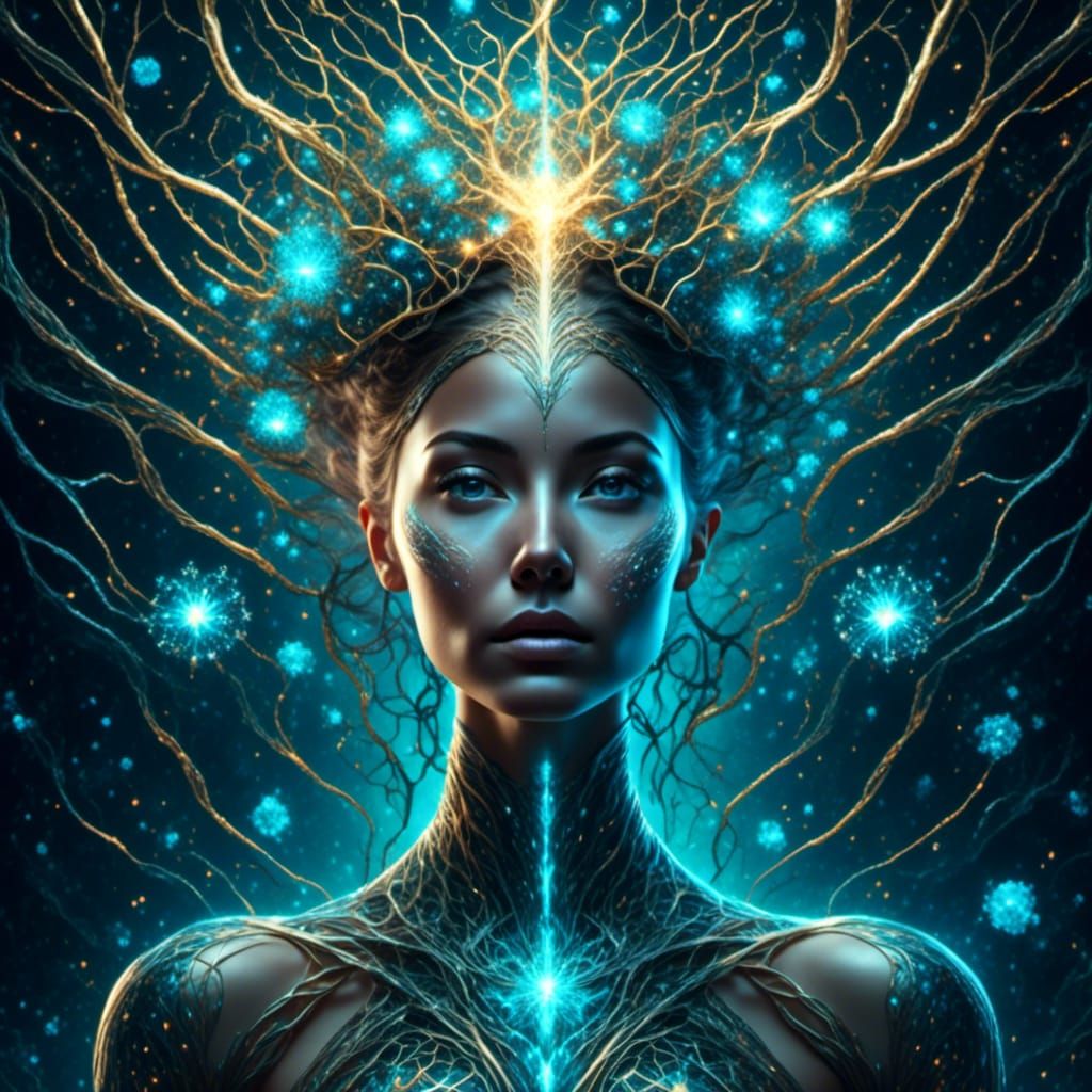 Bioluminescent DNA Woman in Cosmic Cyberpunk Style