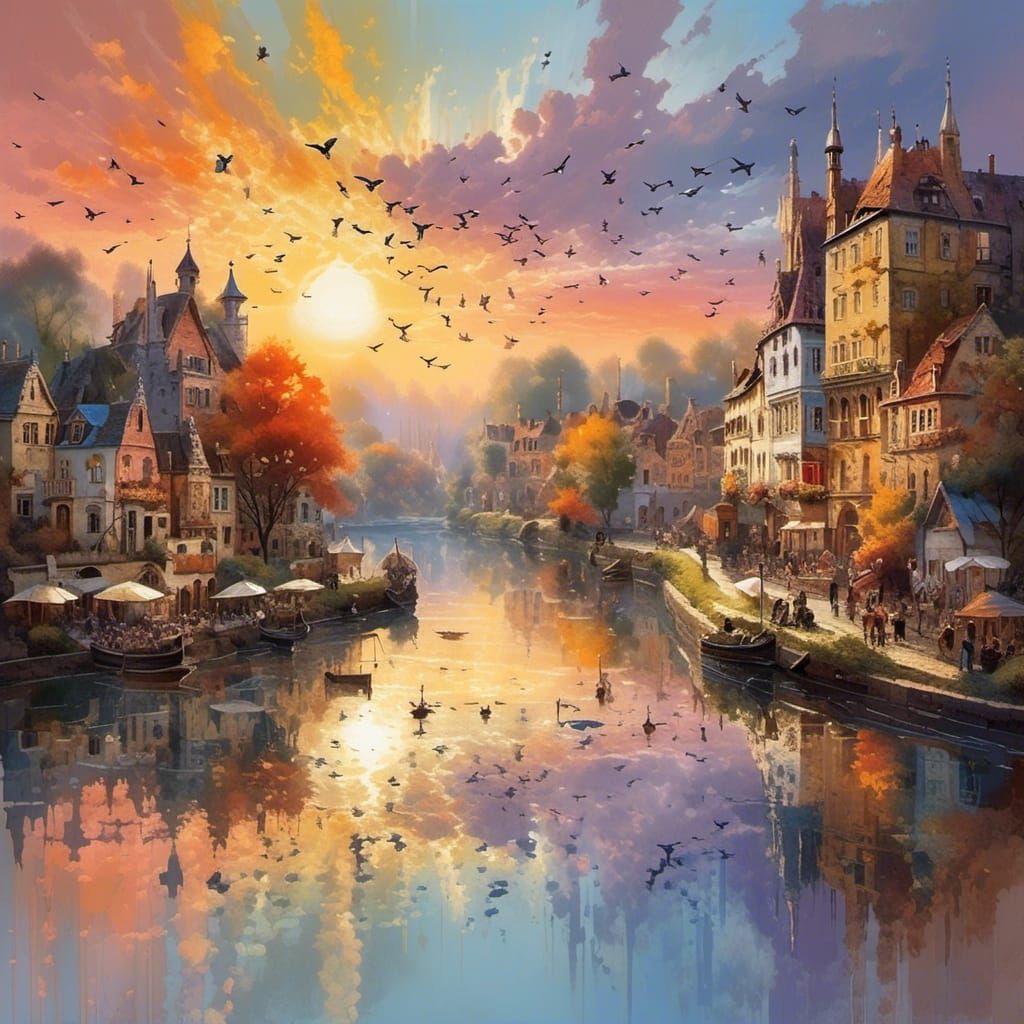 Birds Over The Old City At Sunset