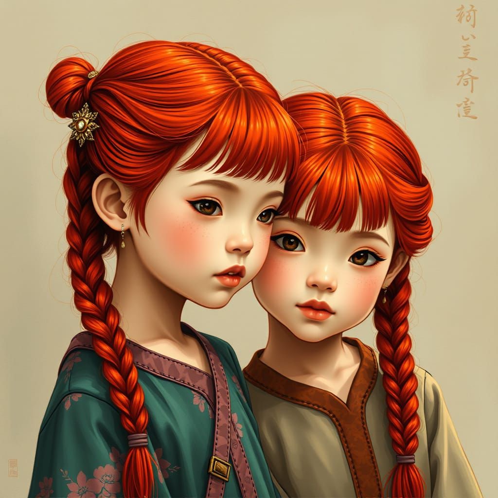 Red-Haired Twins in Traditional Chinese Braids