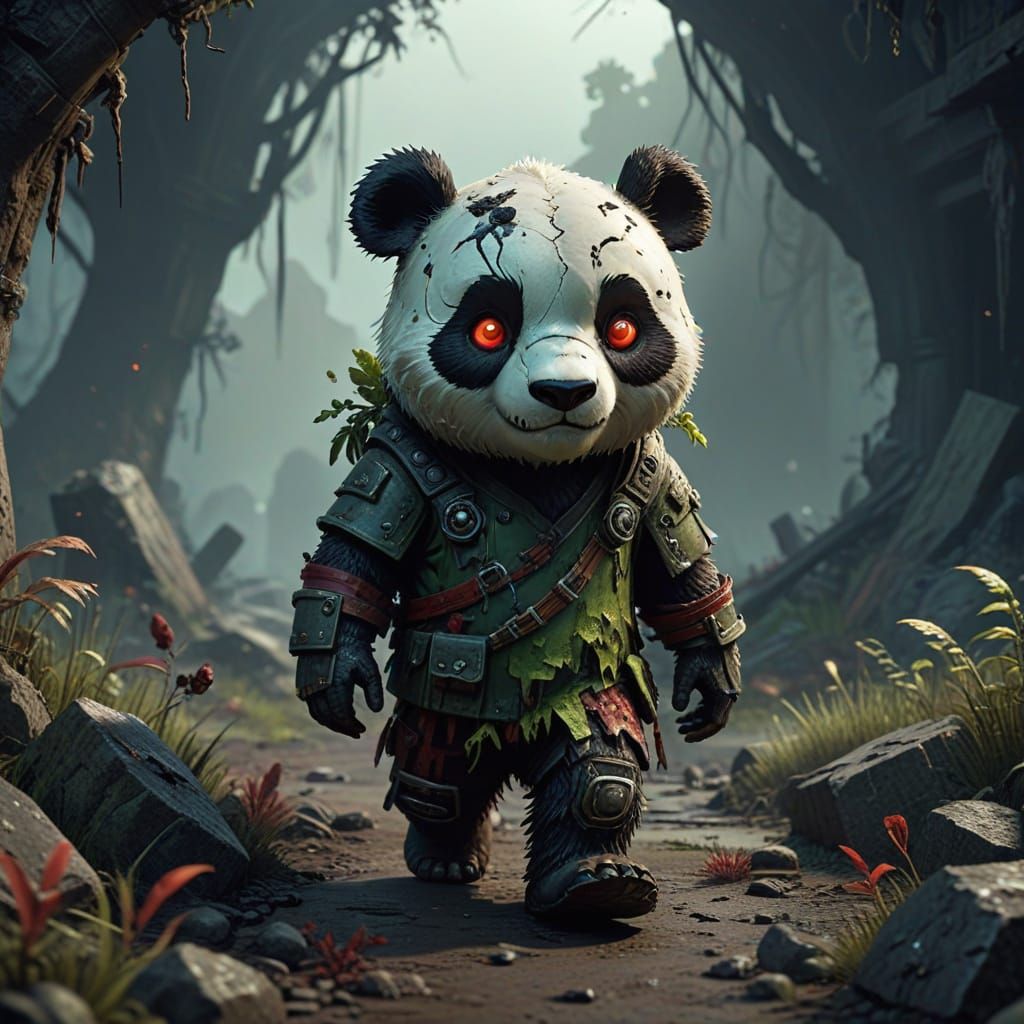Cute Zombie Panda in Post-Apocalyptic World