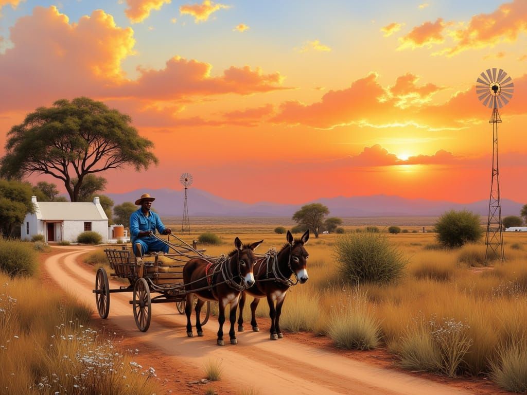 <lora:Africa - Karoo:1.0>Painterly image of a donkey cart with two donkeys being driven by a black man wearing a blue overall facing forward...