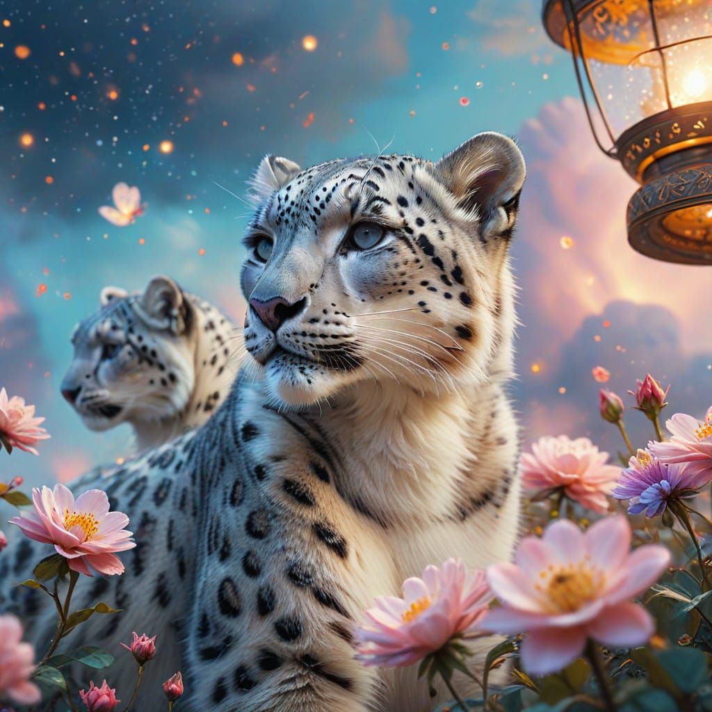 Mythical Snow Leopard Cubs in Watercolor Sky
