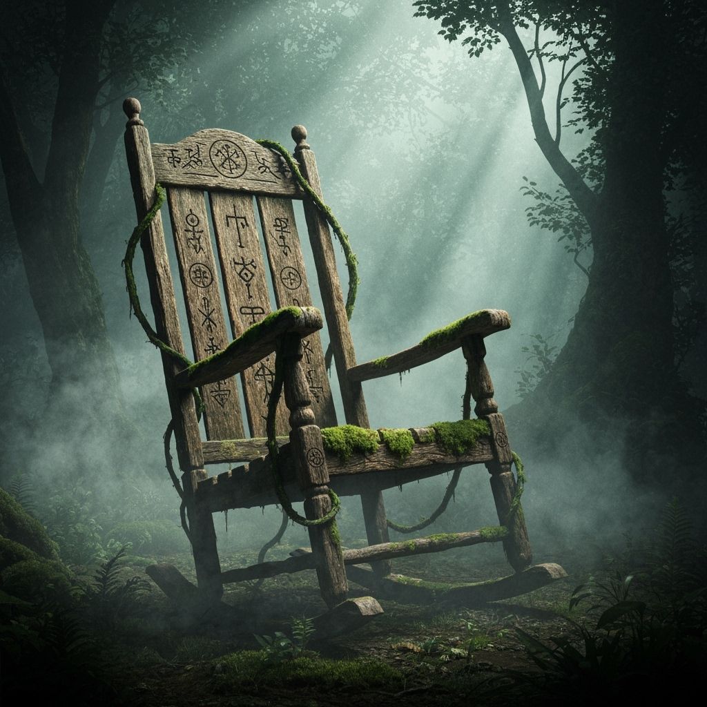 An antique rocking chair sits abandoned in the heart of an ancient forest  by @Hyperborean