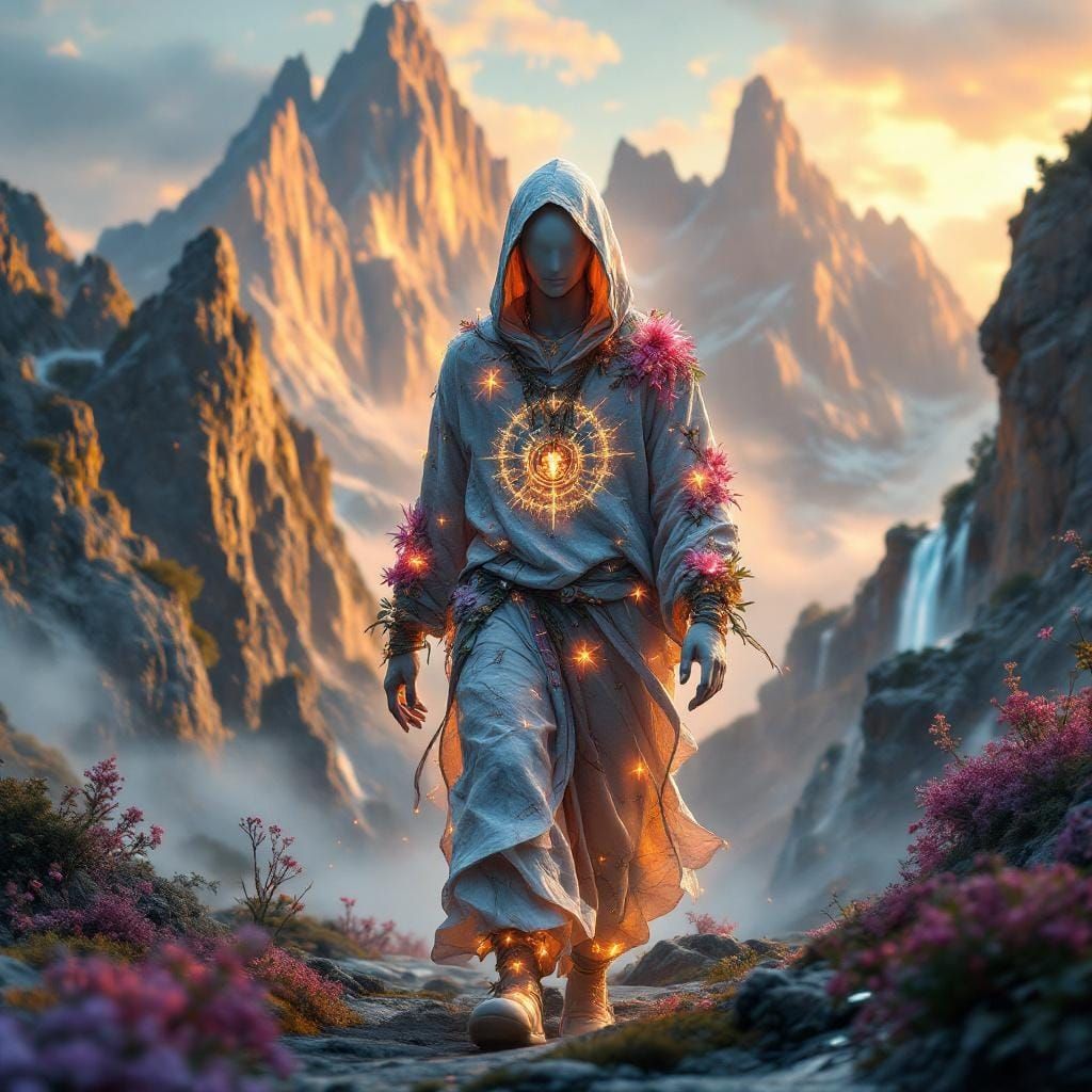 A divine, non-human God of Spring walking toward the camera in a low-angle cinematic hero shot, full-body, wearing a surreal mythic hoodie c...